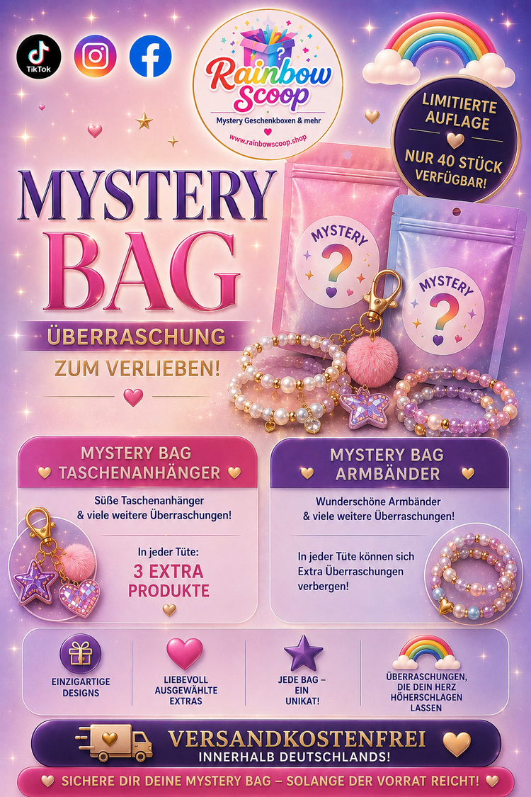 Überraschungstüten gefüllt mit Armbändern, Taschenanhängern und Extra Produkten die sich in den Mystery Bags verbergen können