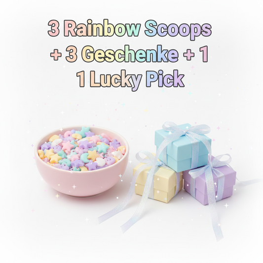 3 Rainbow Scoops + 3 Geschenke + 1 Lucky Pick mit Text