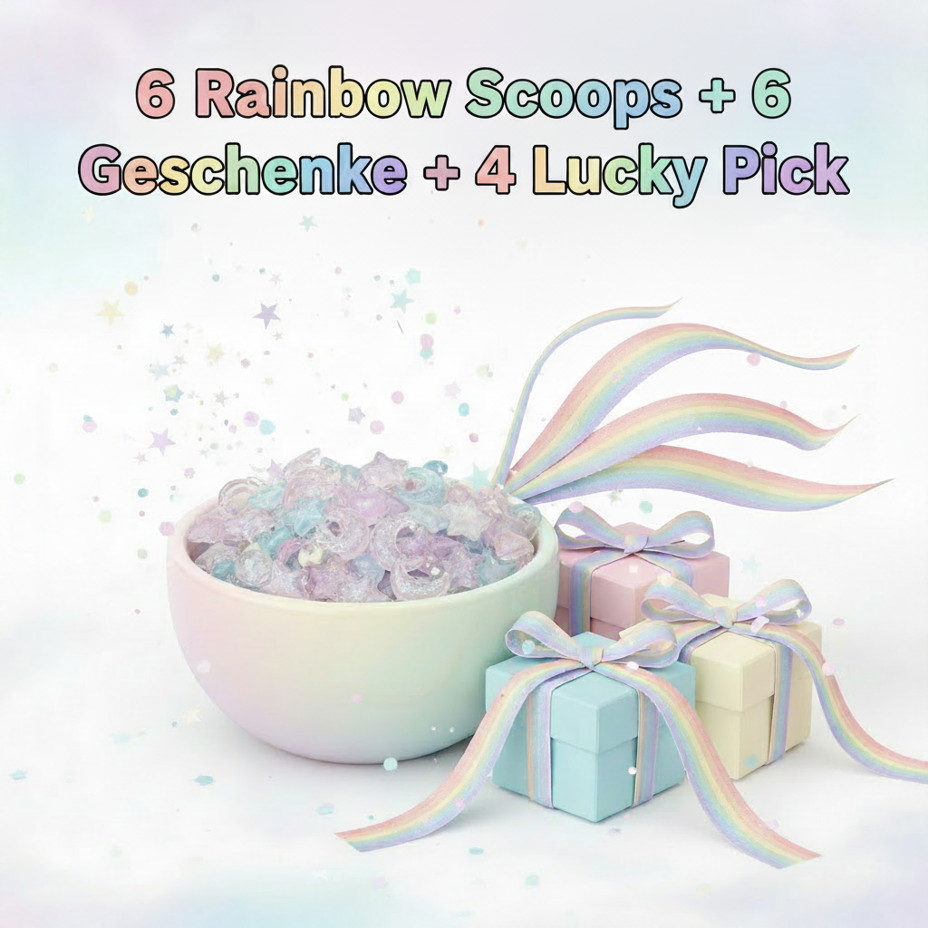 6 Rainbow Scoops + 6 Geschenke + 4 Lucky Pick